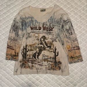 Vintage Y2K Wild West Graphic Cowboy Rodeo Top - Neutral Tones